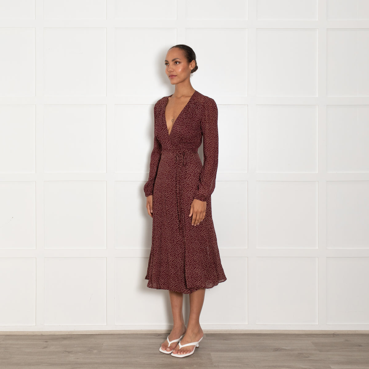 Reformation Burgundy Red Cream Micro flower Wrap Dress