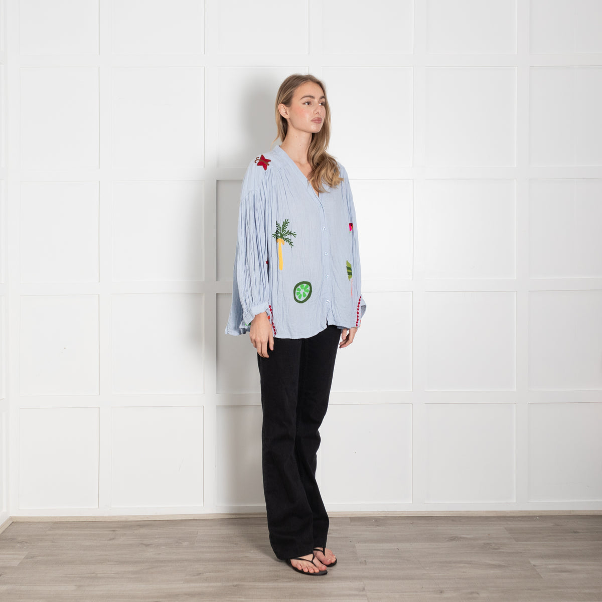 Un Dimanche A Paris Pale Blue Embroidered Cheesecloth Blouse