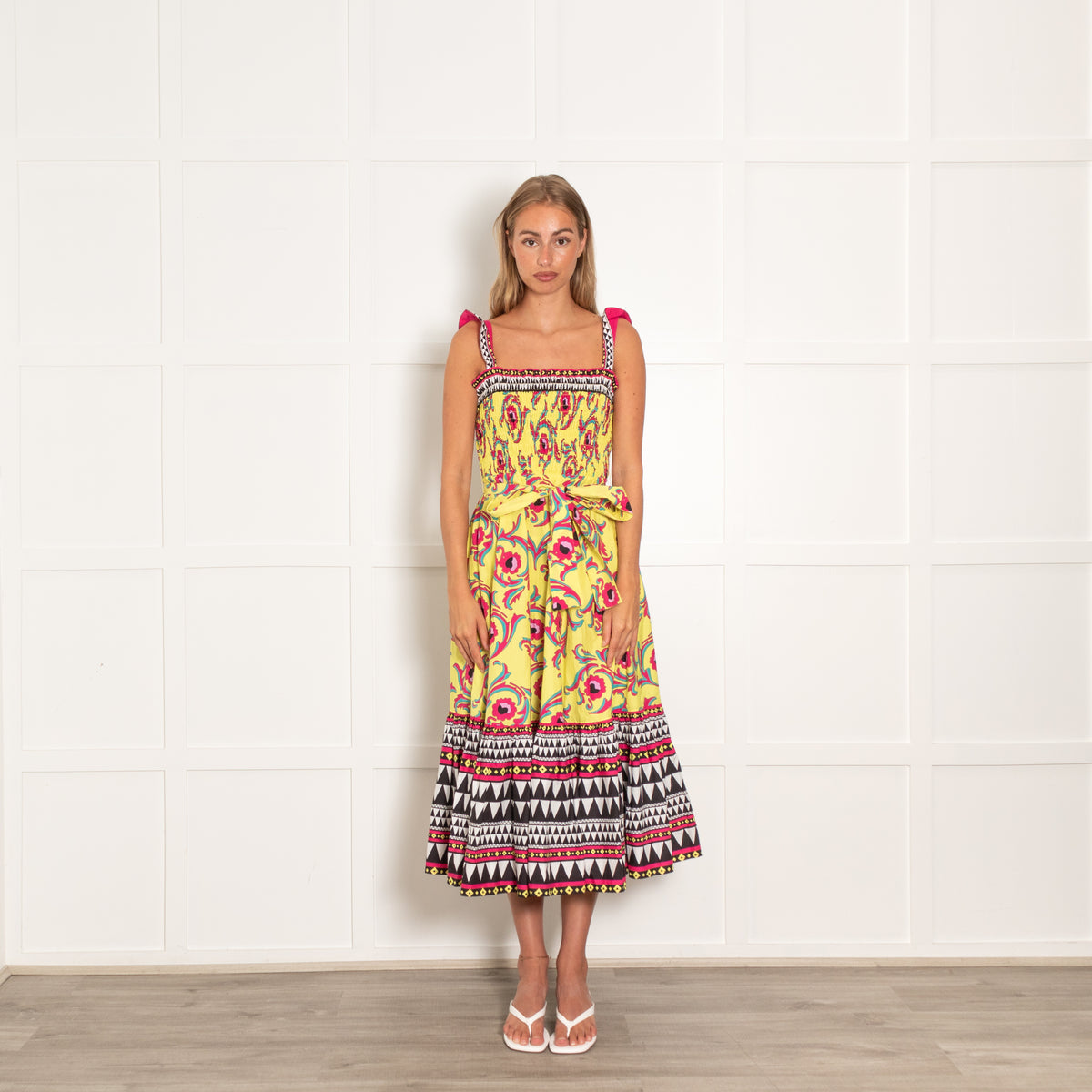 La Double J Yellow Pink Floral Sleeveless Midi Dress