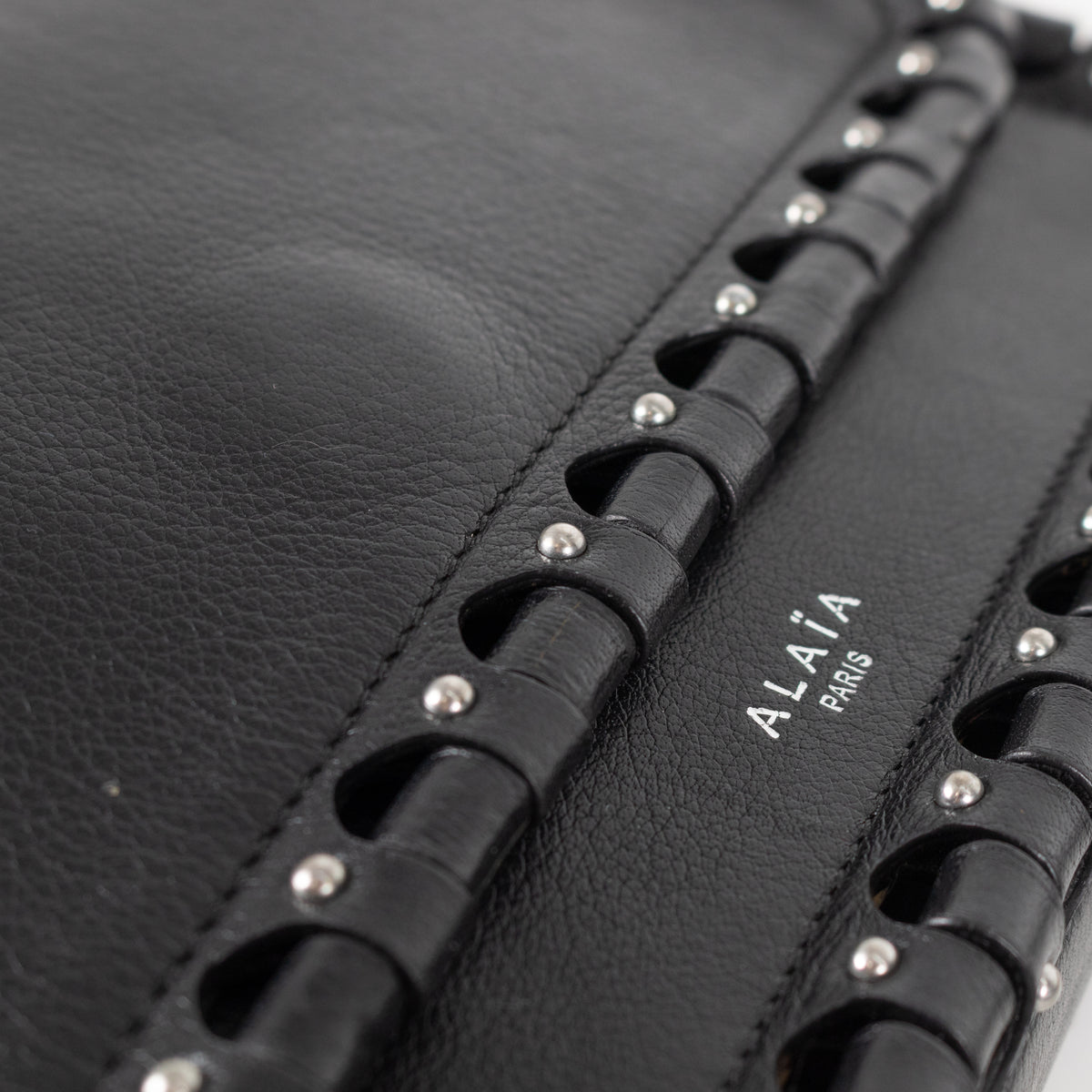 Alaia Black Leather Silver Stud Hinge Flap Crossbody Bag
