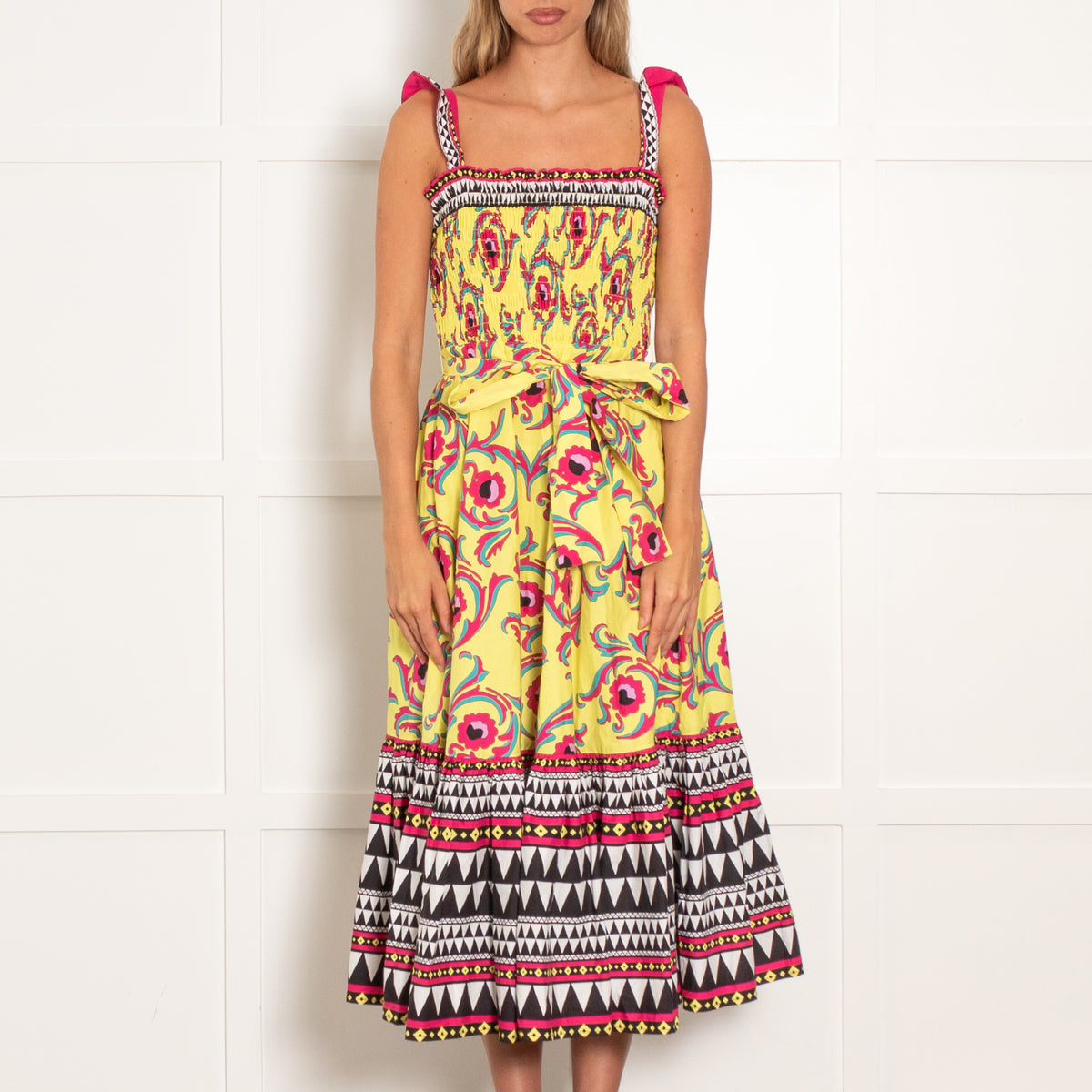 La Double J Yellow Pink Floral Sleeveless Midi Dress