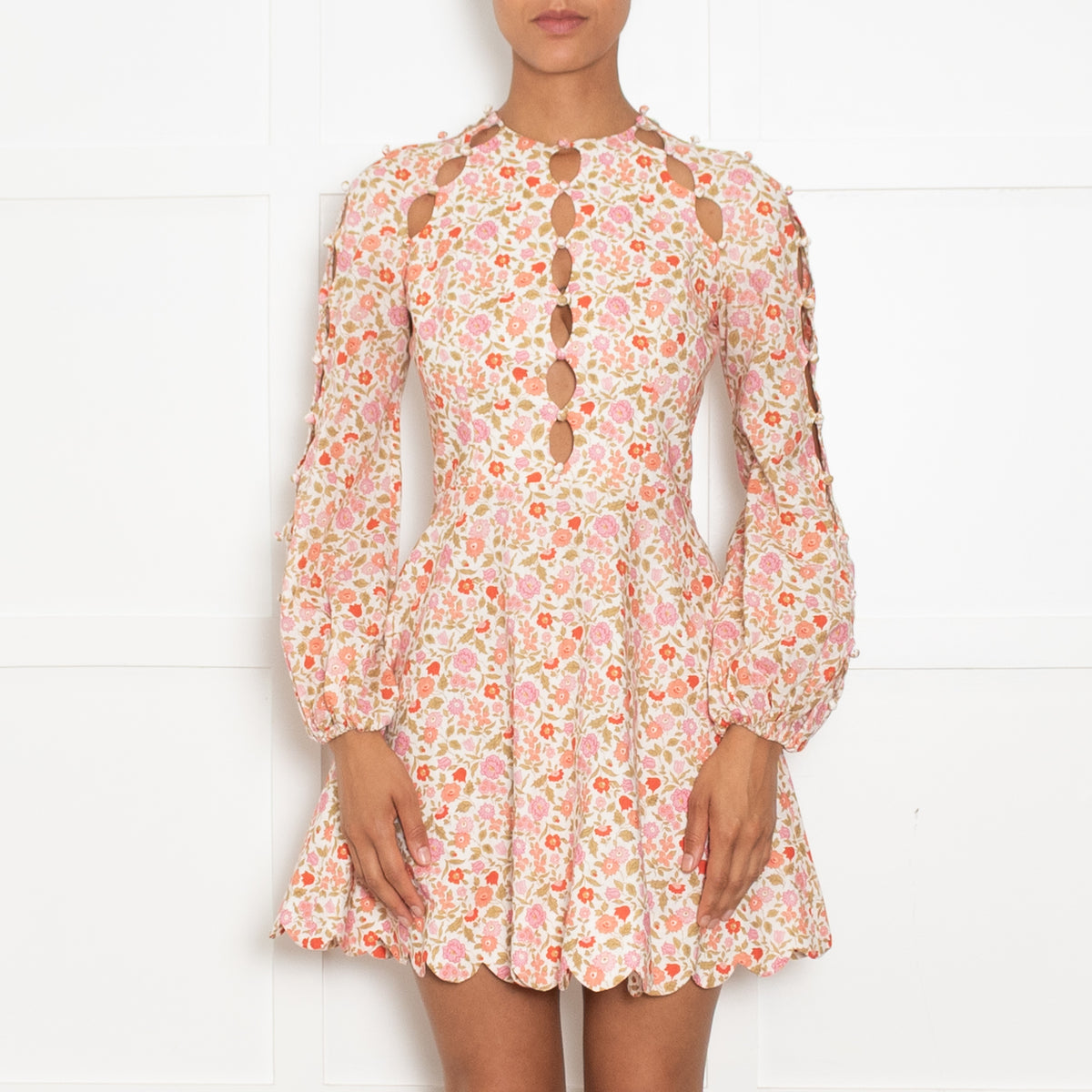 Zimmerman White Goldie Scallop Coral Blossom Mini Dress