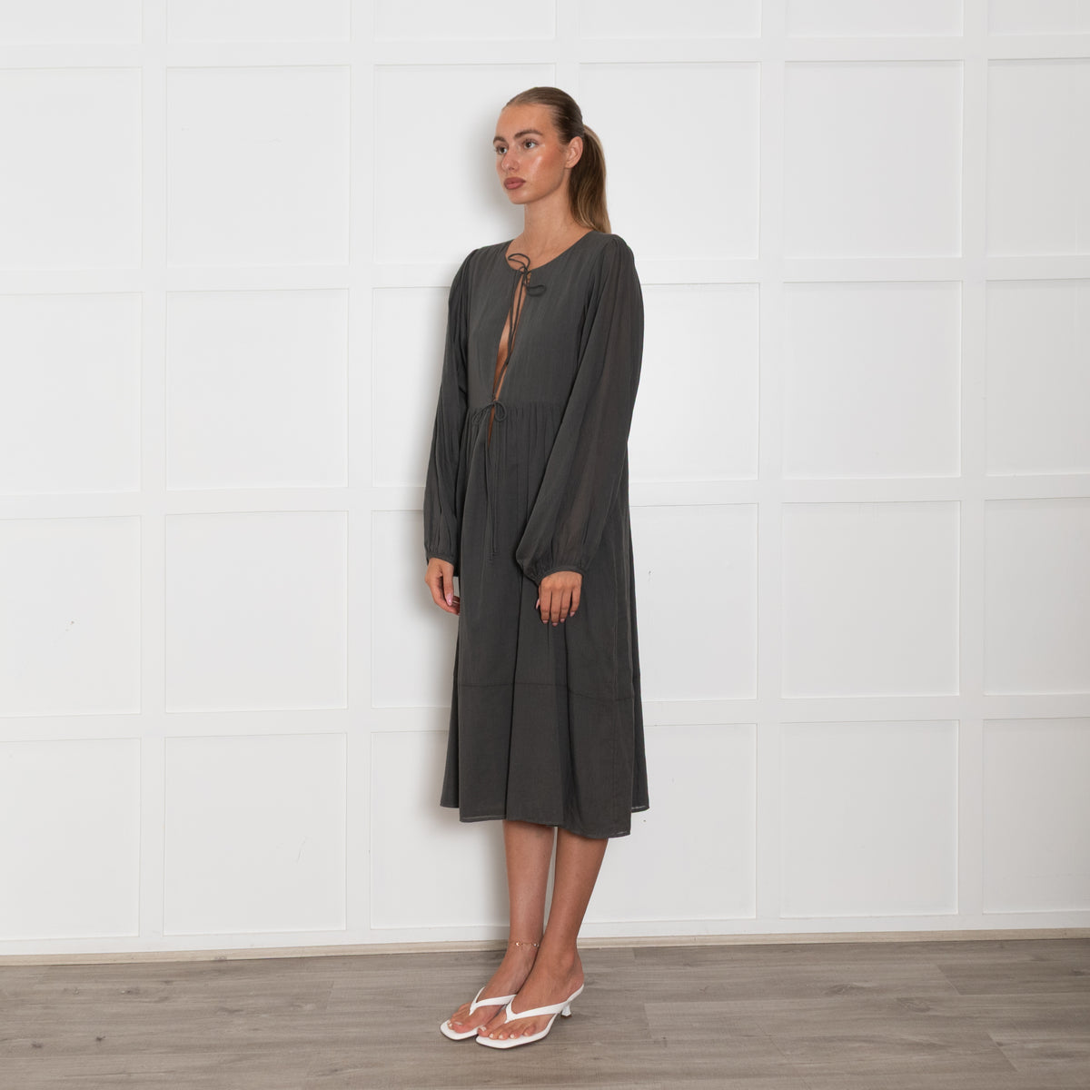 Loup Charmant Grey Cotton Long Sleeve Sun Dress