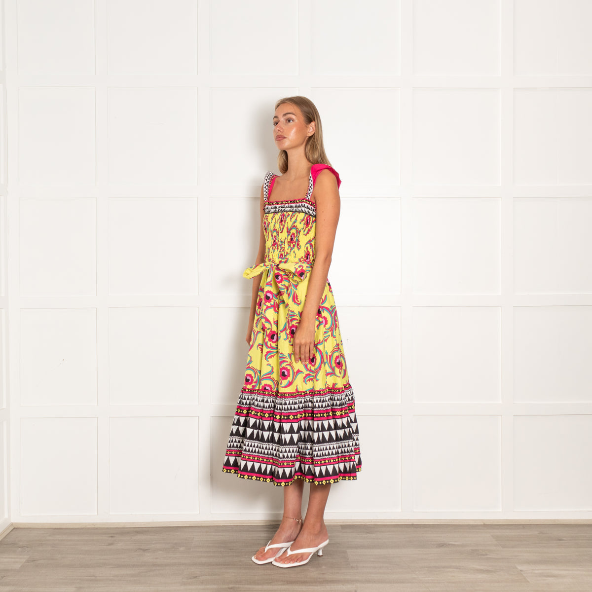 La Double J Yellow Pink Floral Sleeveless Midi Dress