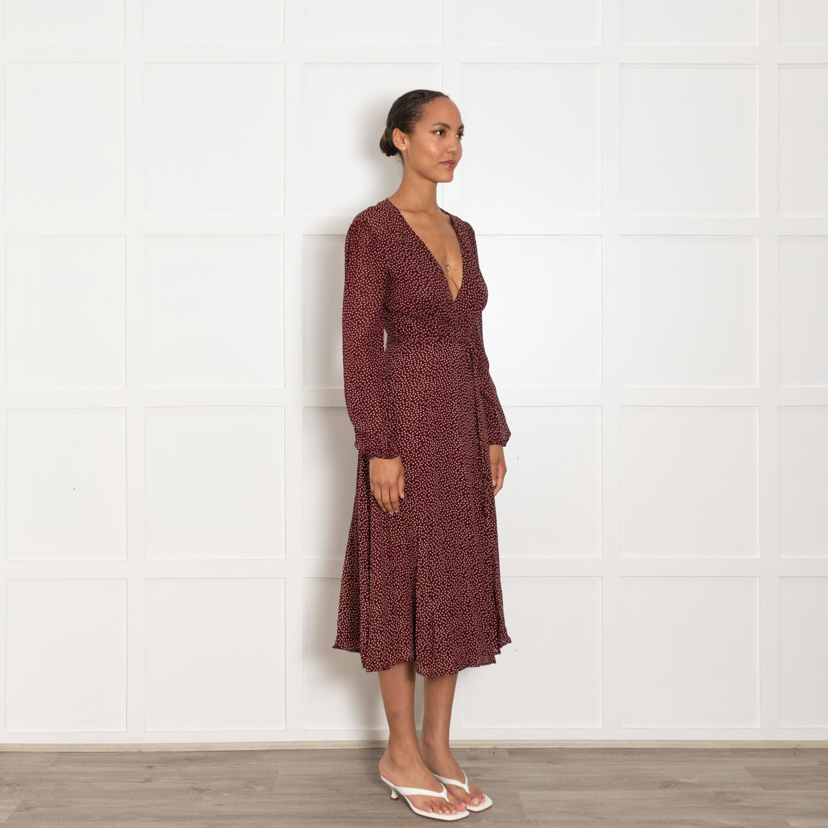 Reformation Burgundy Red Cream Micro flower Wrap Dress