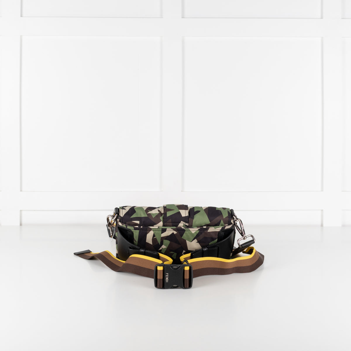 Fendi Green Nylon Camouflage Convertible Baguette Satchel on white background.