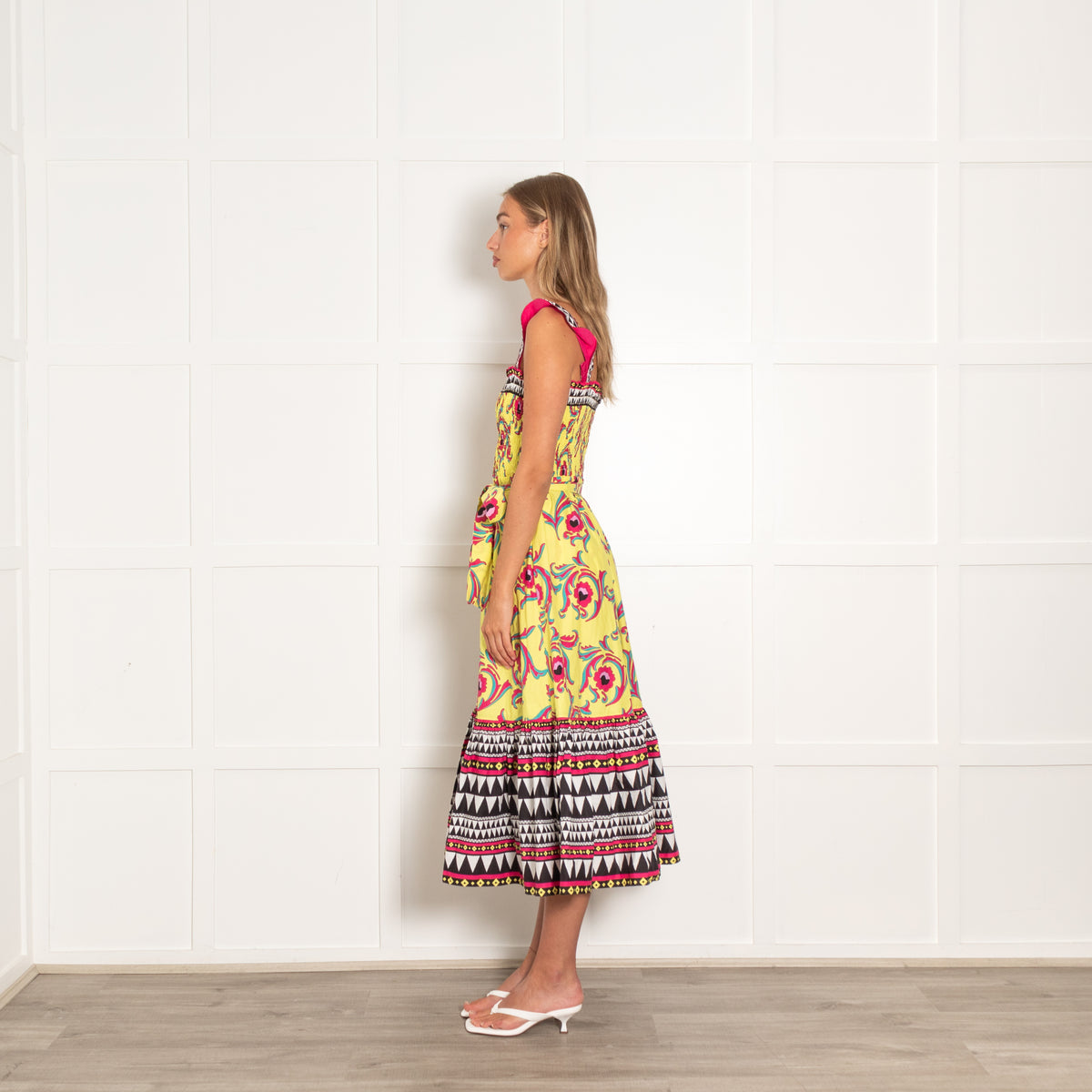 La Double J Yellow Pink Floral Sleeveless Midi Dress