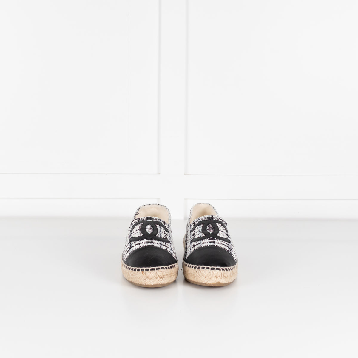 Chanel Black White Tweedy CC Espadrilles