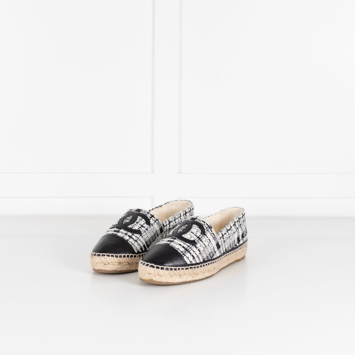 Chanel Black White Tweedy CC Espadrilles
