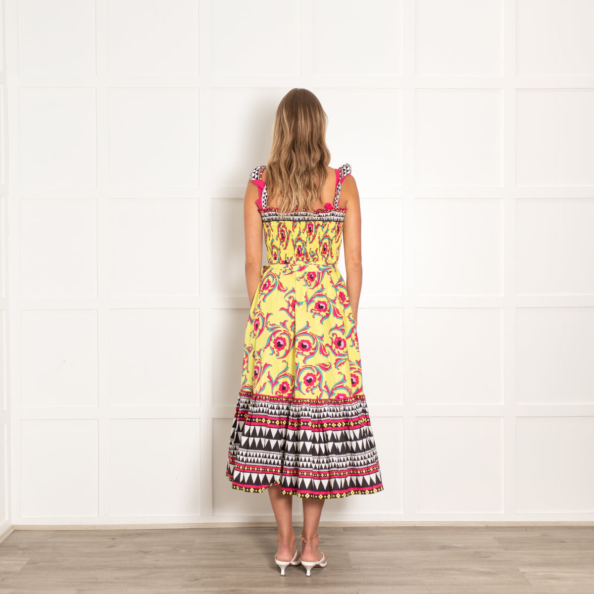 La Double J Yellow Pink Floral Sleeveless Midi Dress
