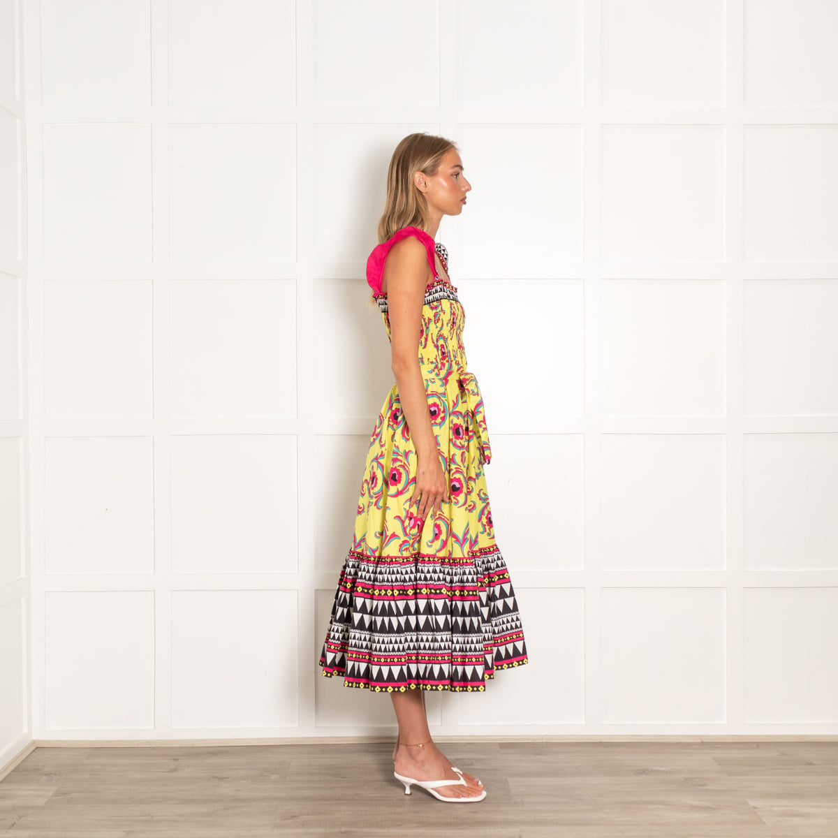 La Double J Yellow Pink Floral Sleeveless Midi Dress