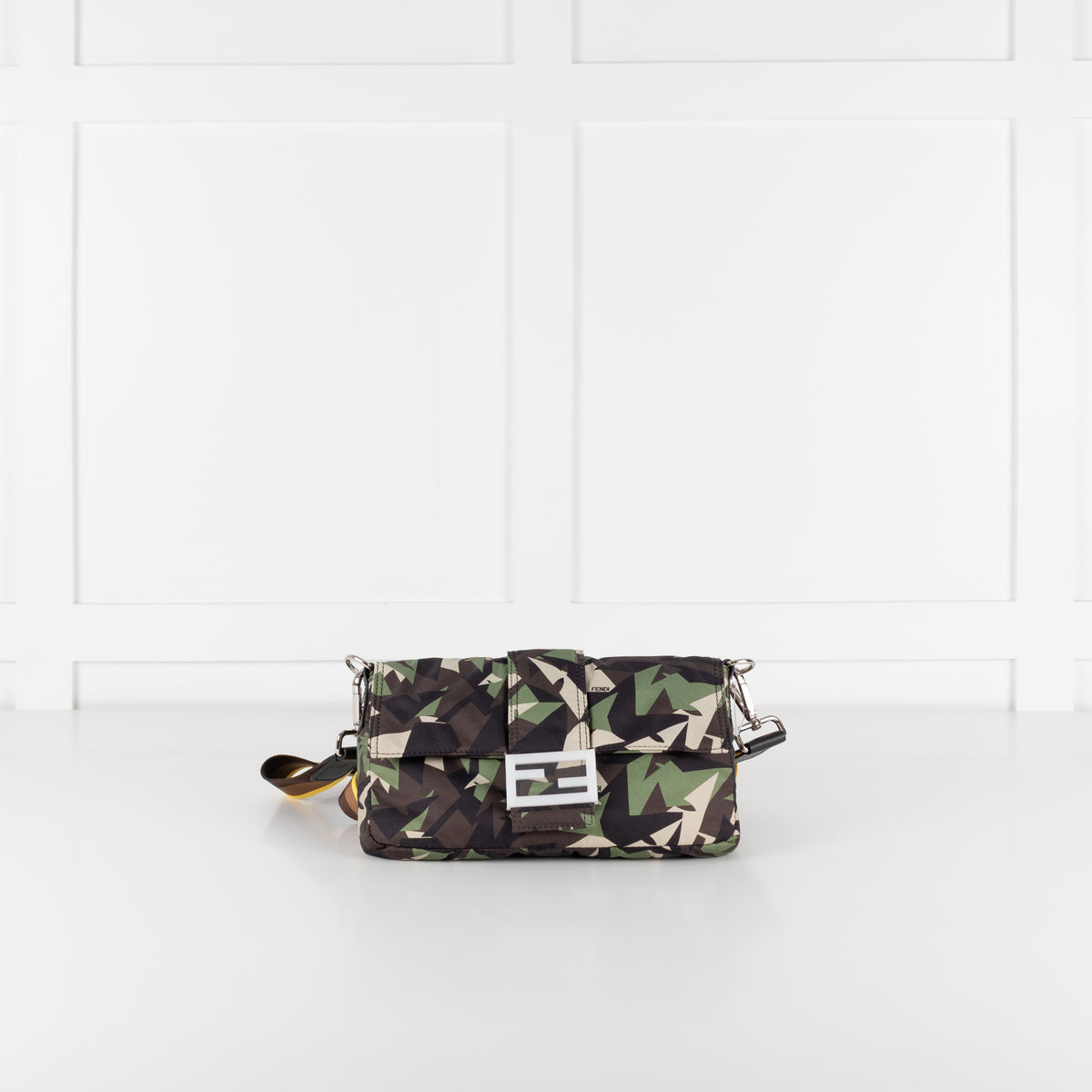 Front image of preloved Fendi Green Nylon Camouflage Convertible Baguette Satchel with silver hardware FF clasp.
