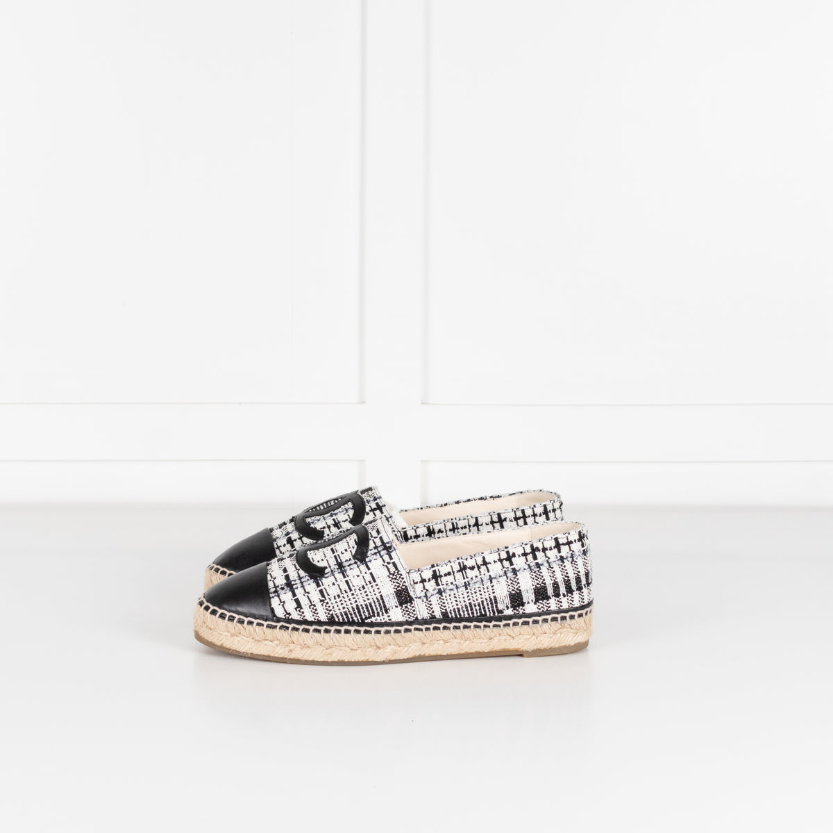 Chanel Black White Tweedy CC Espadrilles