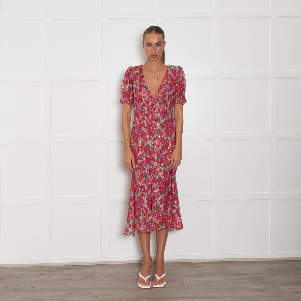 The Kooples Pink Red Floral Silver Thread Midi Dress