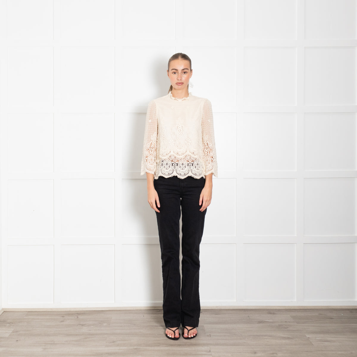 MIH Jeans Cream Broderie Anglaise Cotton Long Sleeve Top