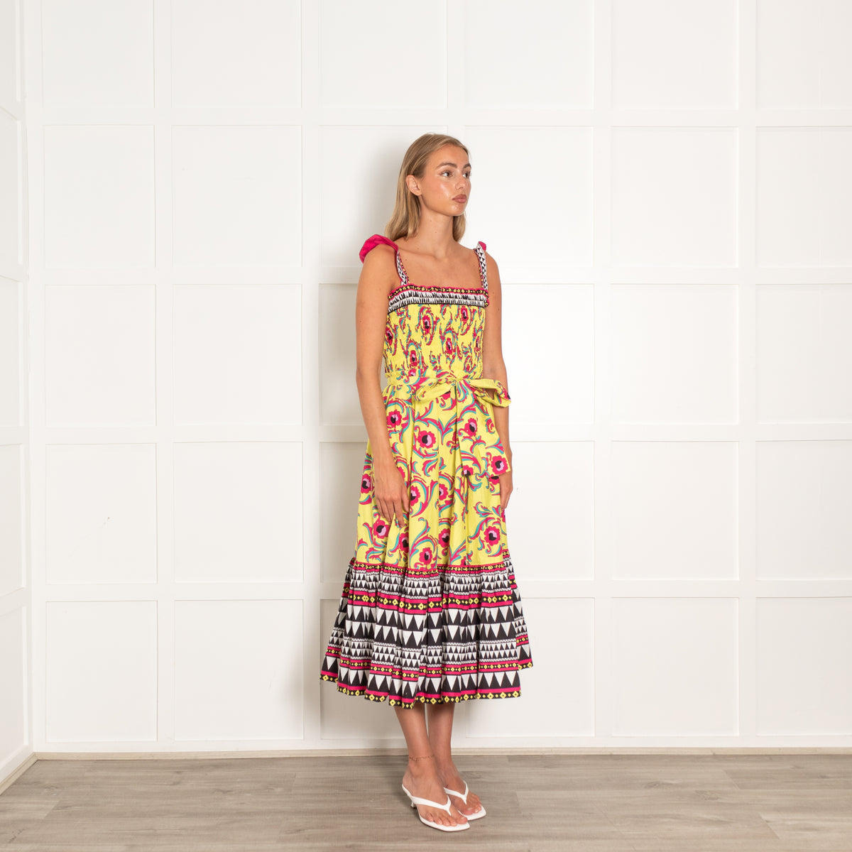 La Double J Yellow Pink Floral Sleeveless Midi Dress