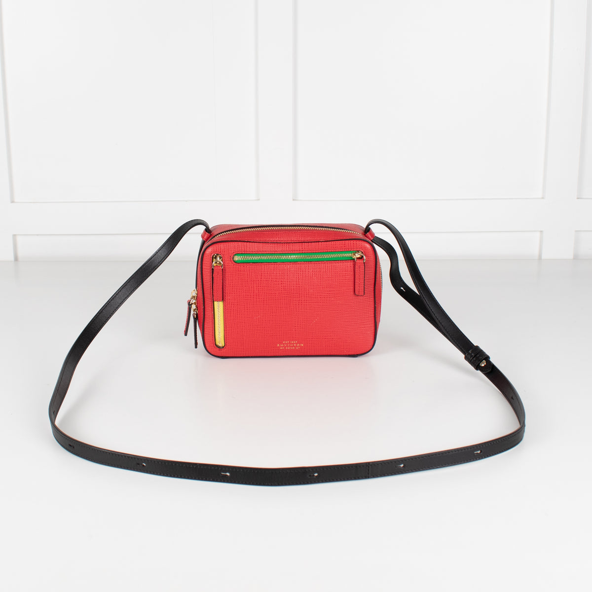 Smythson Red Panama Sliding Strap Crossgrain Leather Crossbody Bag