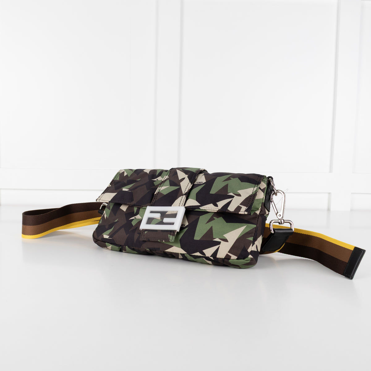 Close up of Fendi Green Nylon Camouflage Convertible Baguette Satchel bag.