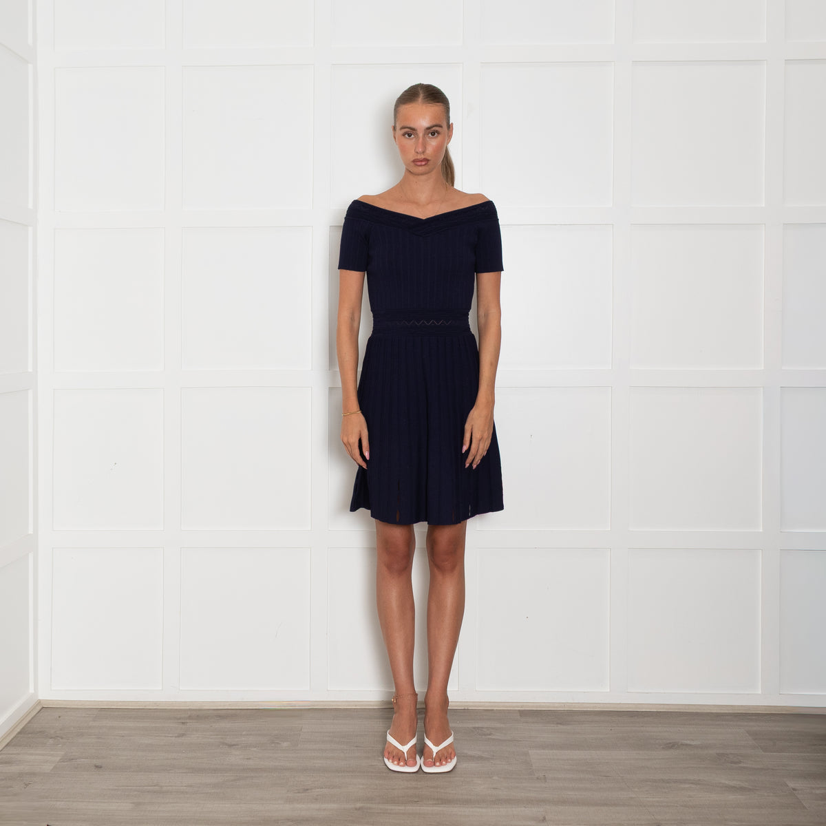 Sandro Navy Knitted Mini Dress with Bardot Neckline