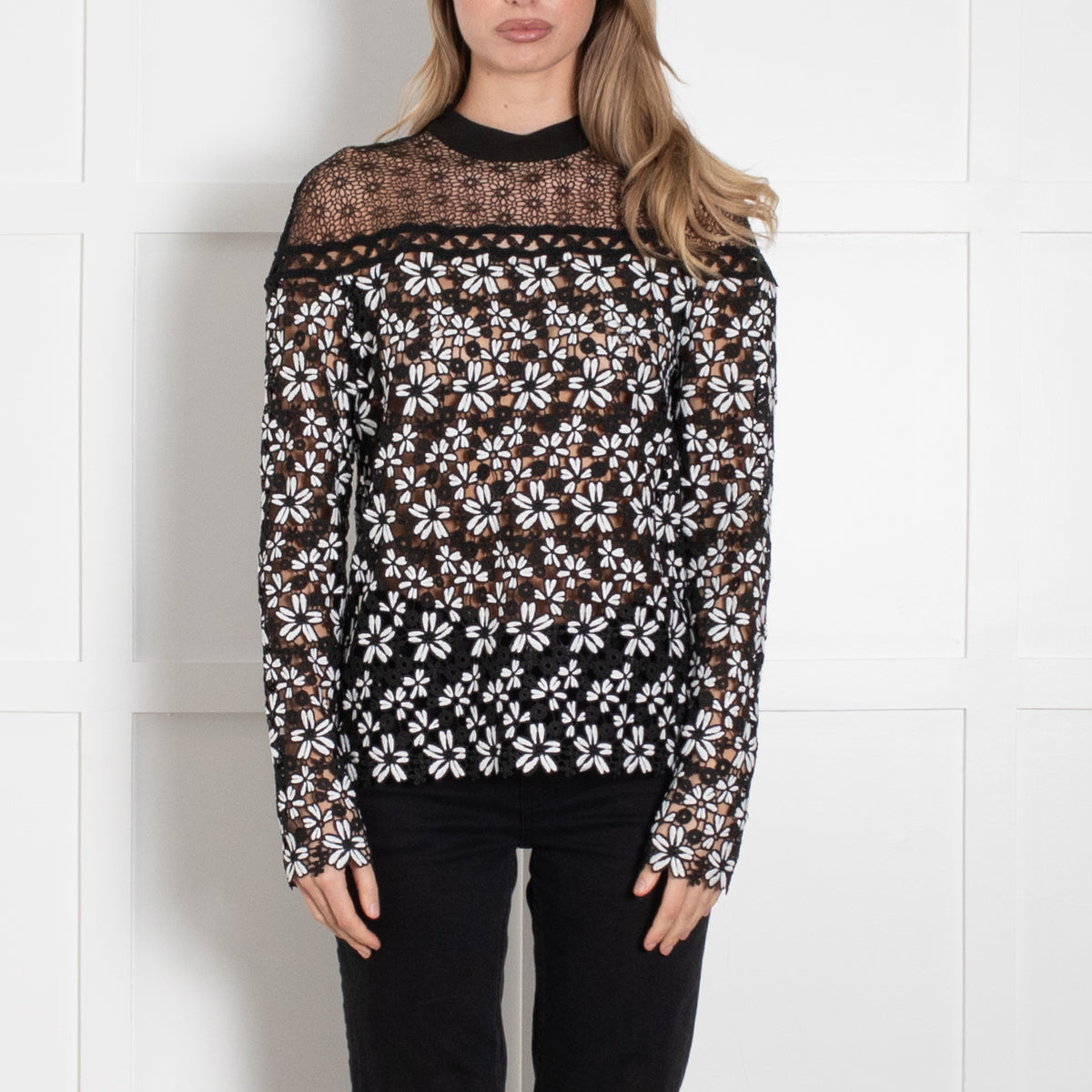 Self Portrait Black White Lace Floral Long Sleeve Top