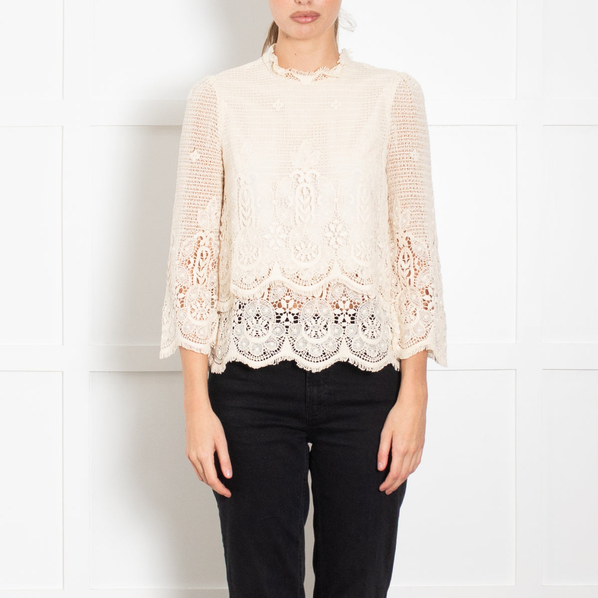 MIH Jeans Cream Broderie Anglaise Cotton Long Sleeve Top