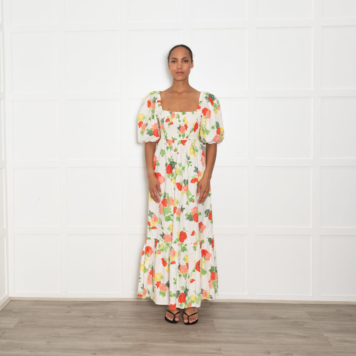 Sezane Linen Puff Sleeve Midi Dress with Red and Green Floral Print