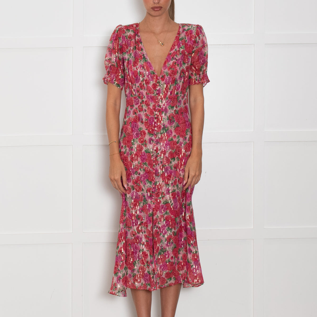 The Kooples Pink Red Floral Silver Thread Midi Dress