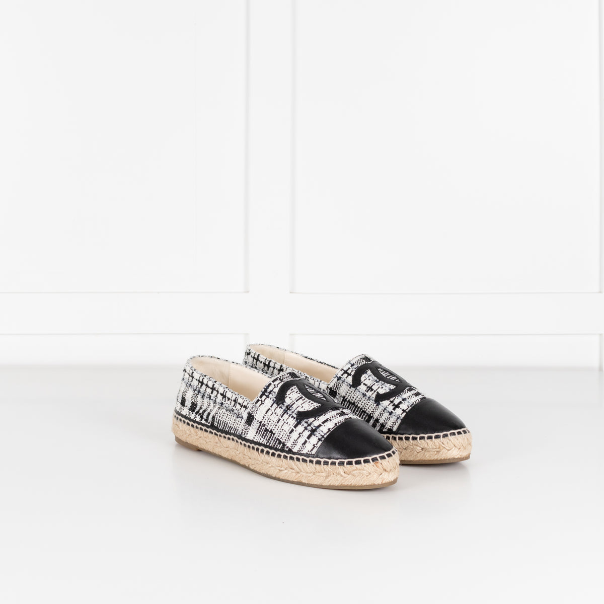 Chanel Black White Tweedy CC Espadrilles