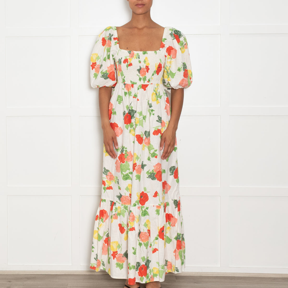 Sezane Linen Puff Sleeve Midi Dress with Red and Green Floral Print
