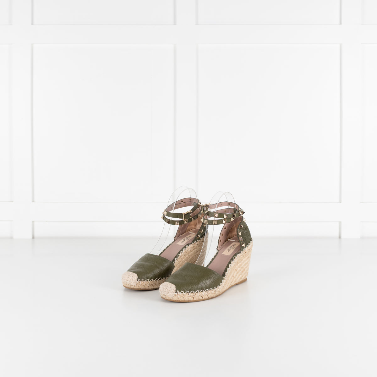 Valentino Khaki Wedge Leather Rockstud Espadrilles