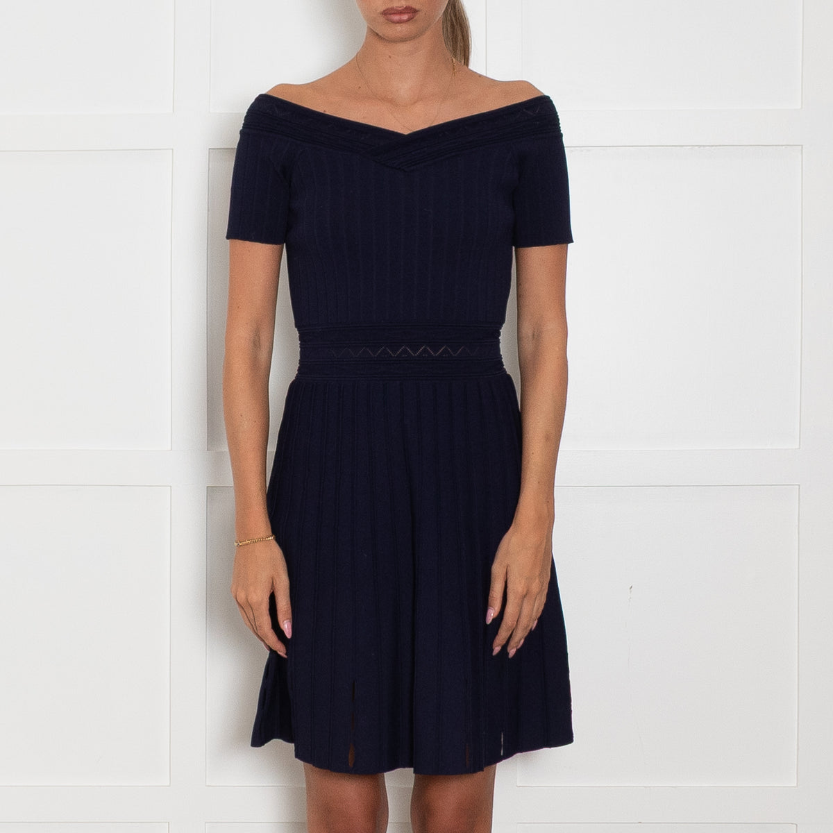 Sandro Navy Knitted Mini Dress with Bardot Neckline