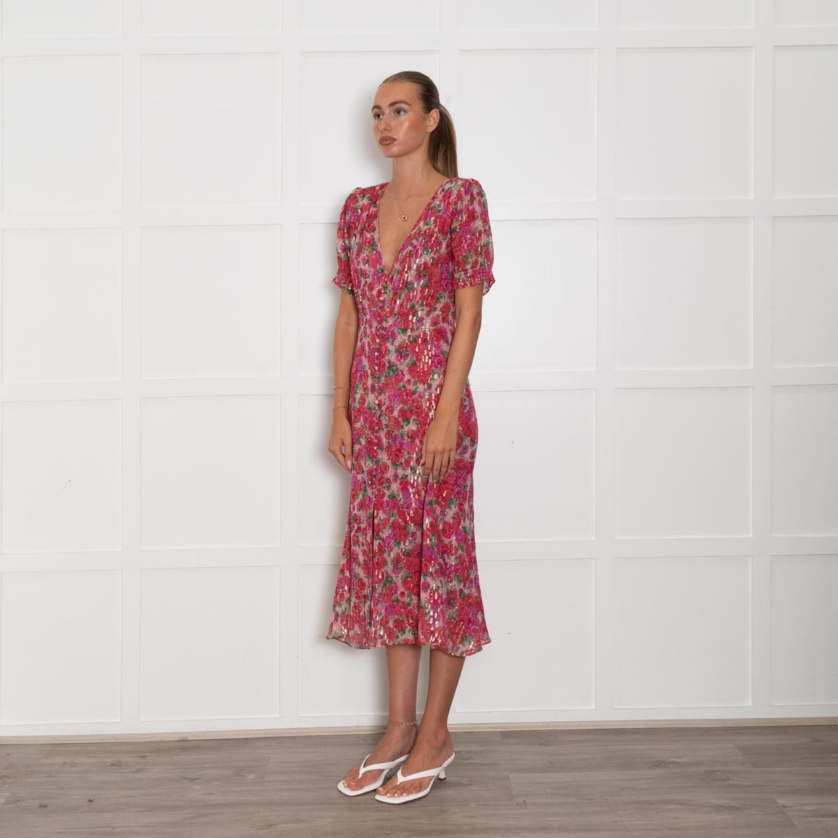 The Kooples Pink Red Floral Silver Thread Midi Dress