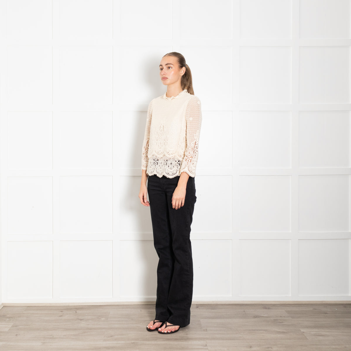 MIH Jeans Cream Broderie Anglaise Cotton Long Sleeve Top