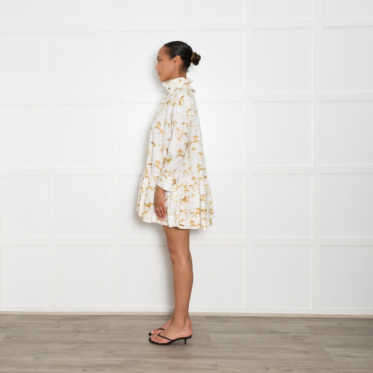 Ganni White Cotton Frilled Horse Print Mini Dress
