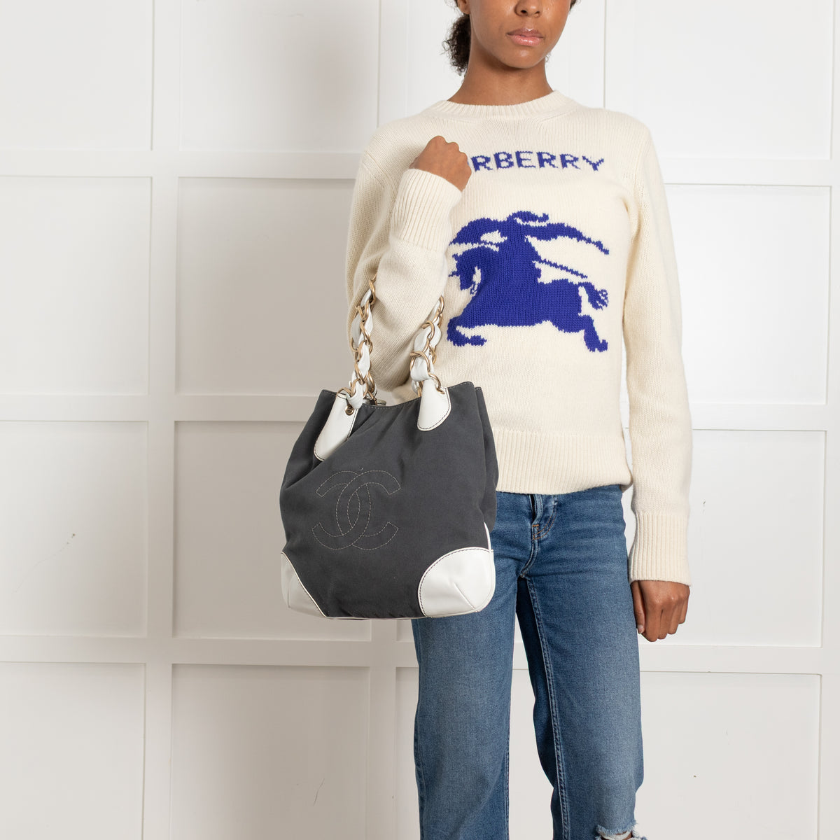 Chanel Canvas Coco Olsen Tote with White Leather Handles