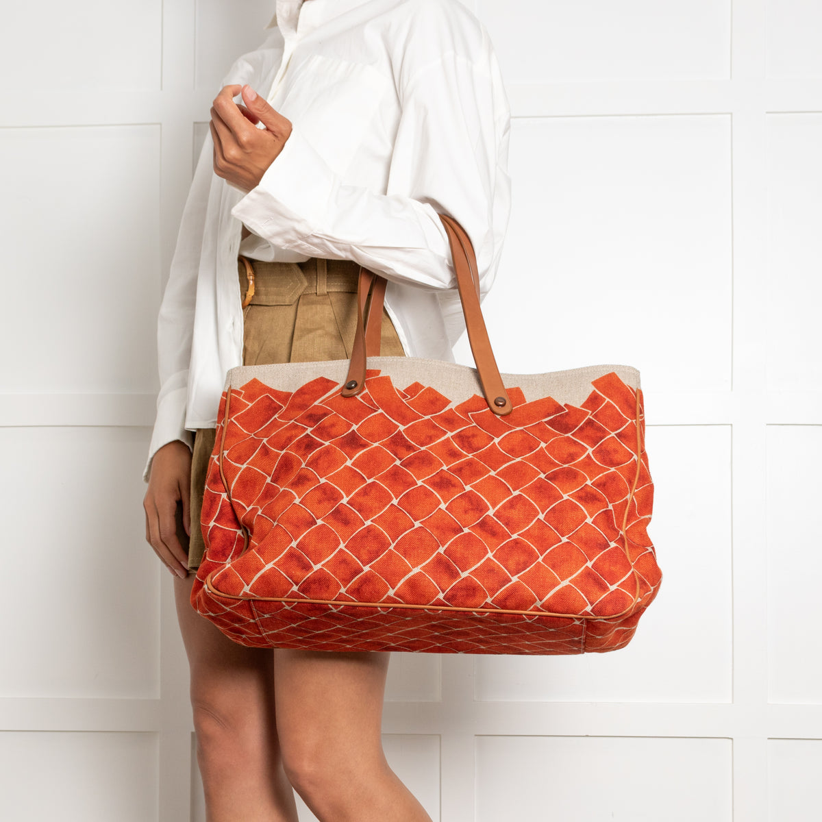 Bottega Veneta Beige Orange Baltic Canvas Tote Bag with Leather Handles