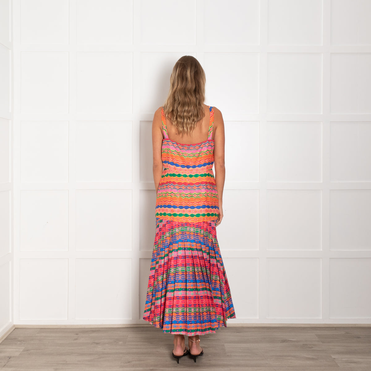 Saloni Multicolour Geometric Print Pleated Sleeveless Dress