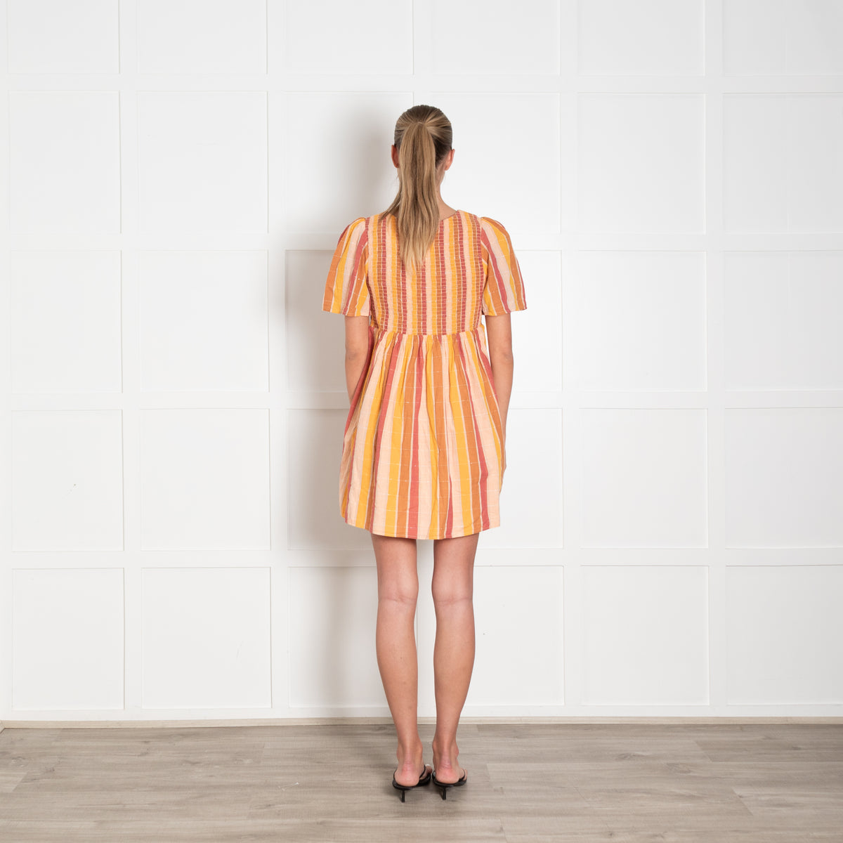 Sezane Yellow Brown Smocking Detail Short Sleeve Cotton Mini Dress