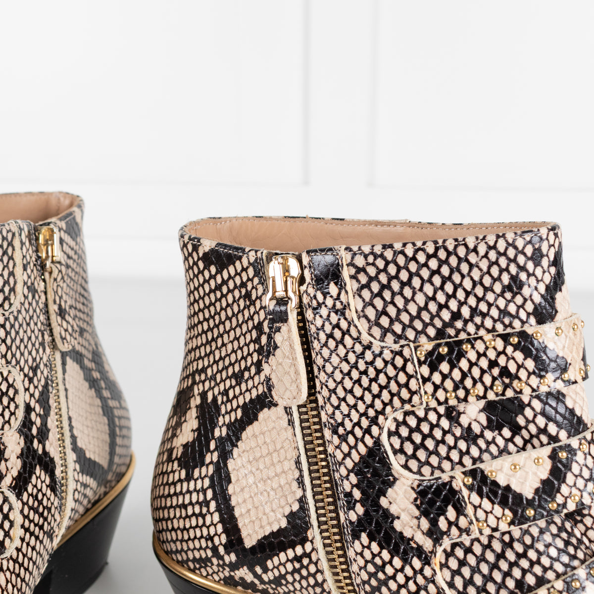 Chloe Beige Black Animal Print Leather Gold Stud Suzanna Ankle Boots