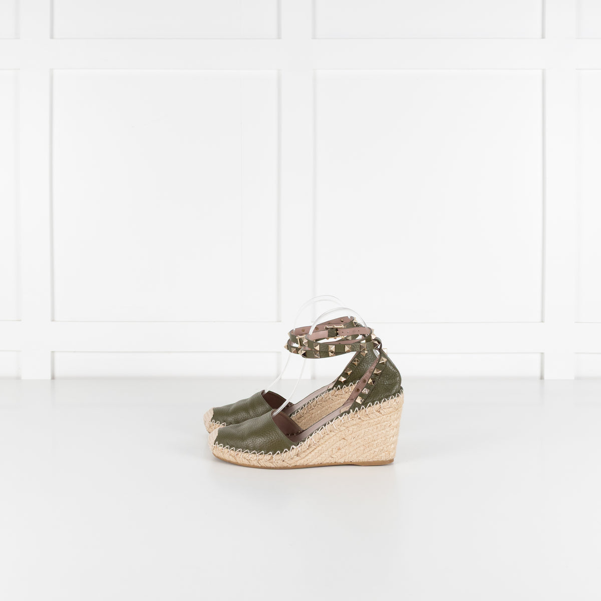 Valentino Khaki Wedge Leather Rockstud Espadrilles