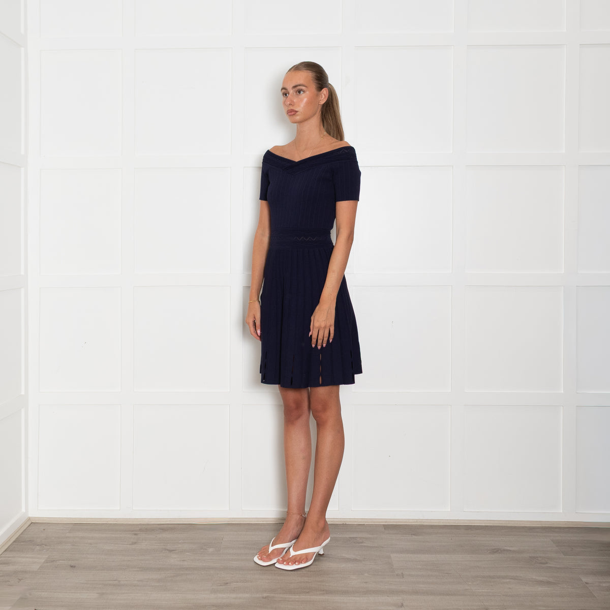 Sandro Navy Knitted Mini Dress with Bardot Neckline