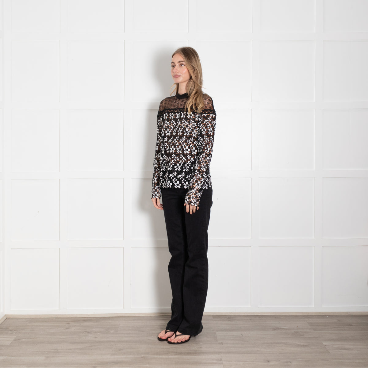 Self Portrait Black White Lace Floral Long Sleeve Top