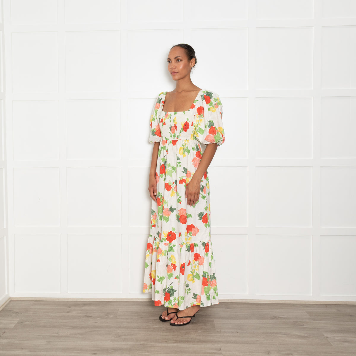 Sezane Linen Puff Sleeve Midi Dress with Red and Green Floral Print