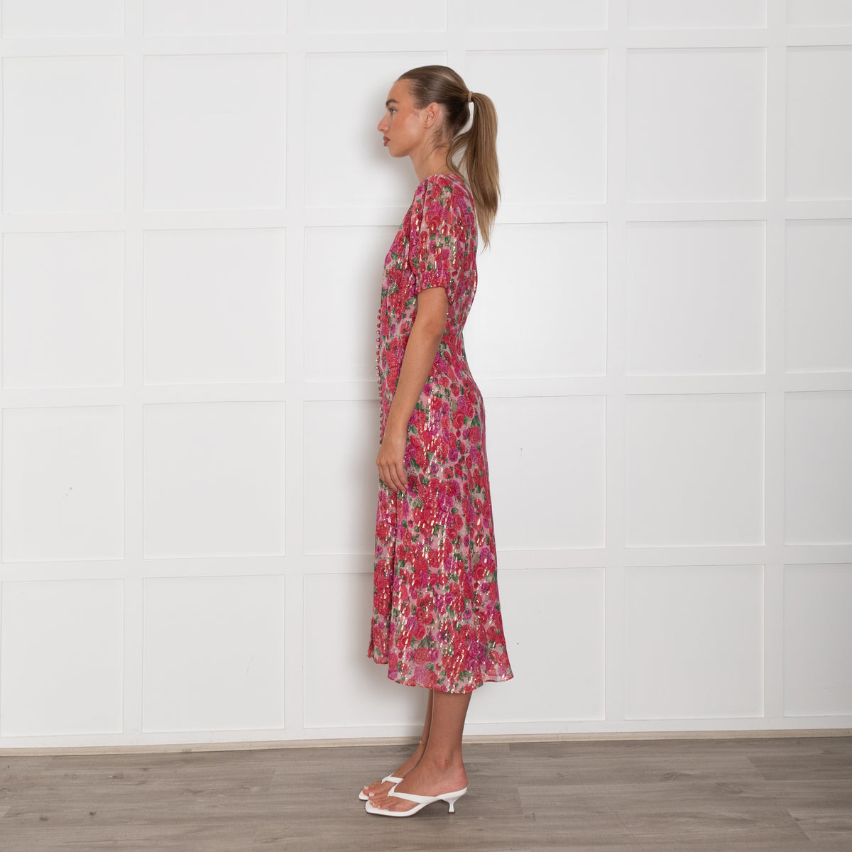 The Kooples Pink Red Floral Silver Thread Midi Dress