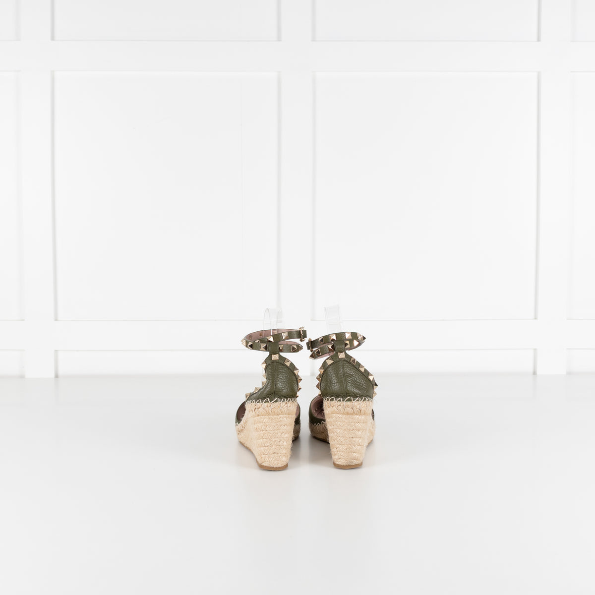 Valentino Khaki Wedge Leather Rockstud Espadrilles