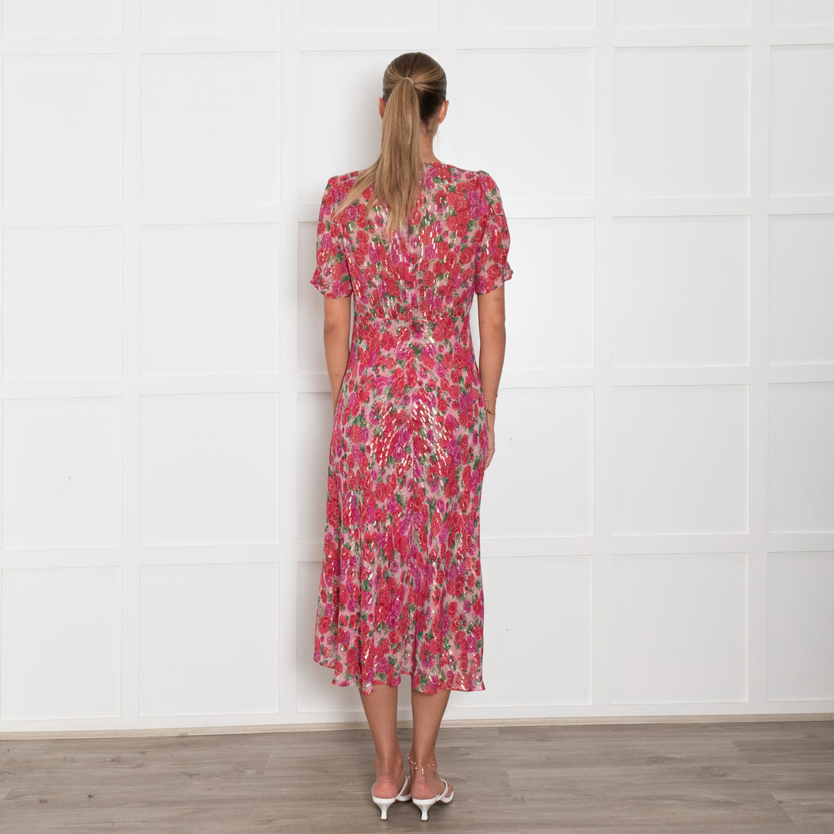 The Kooples Pink Red Floral Silver Thread Midi Dress
