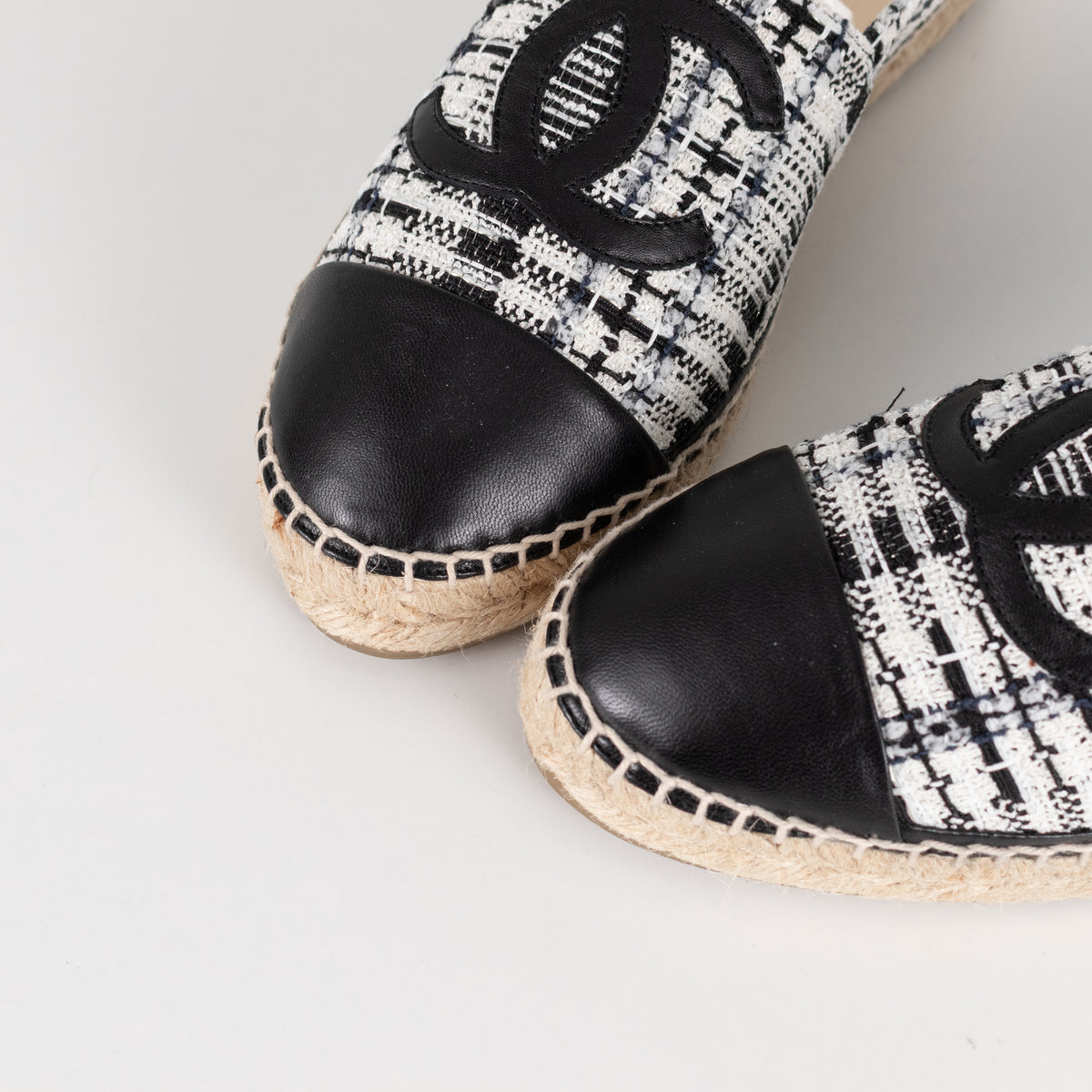 Chanel Black White Tweedy CC Espadrilles