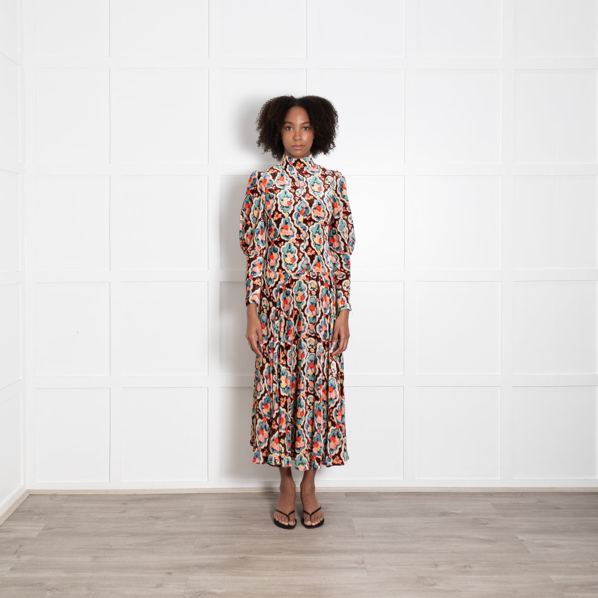 La Double J Velvet Brown Floral Long Sleevve Maxi Dress