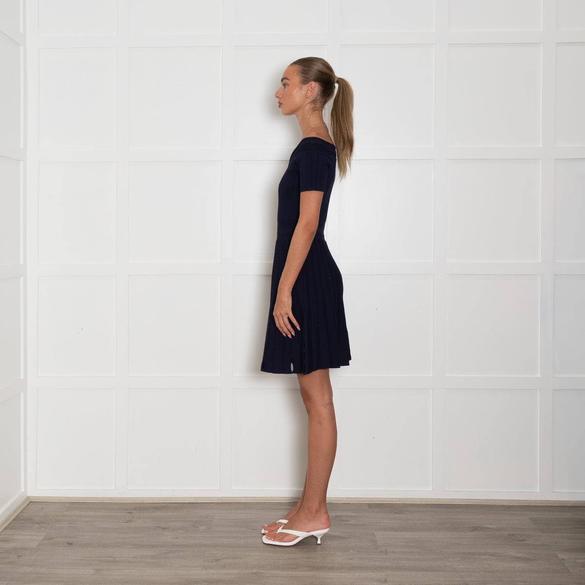 Sandro Navy Knitted Mini Dress with Bardot Neckline