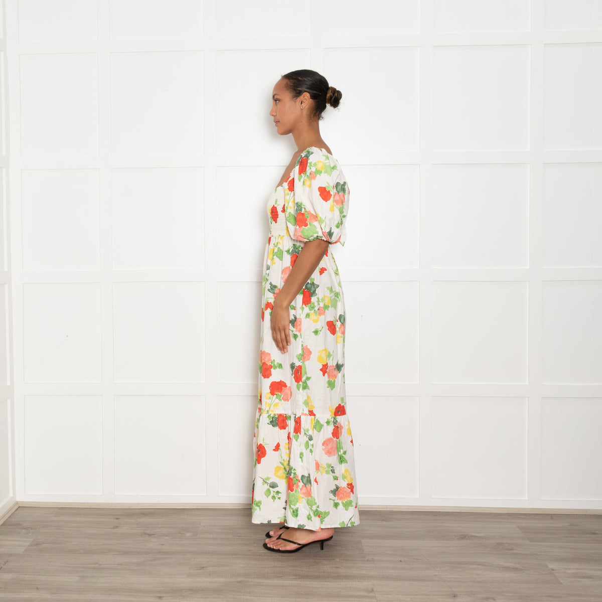 Sezane Linen Puff Sleeve Midi Dress with Red and Green Floral Print